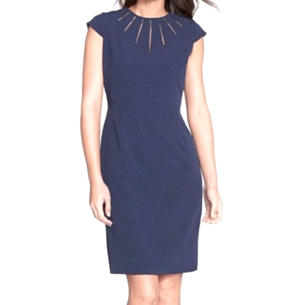 Black Fitted Mesh Cap Sleeve Ponte Knit Sheath Dress Sz 16 EUC Adrianna Parpell